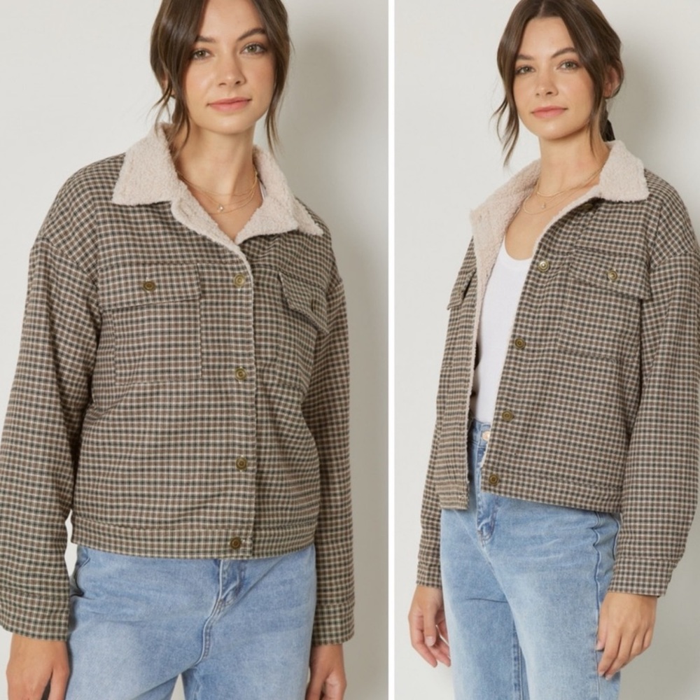 107-3 Entro Micro Plaid Print Button Front Jacket with Sherpa Lining - Picture 2 of 9